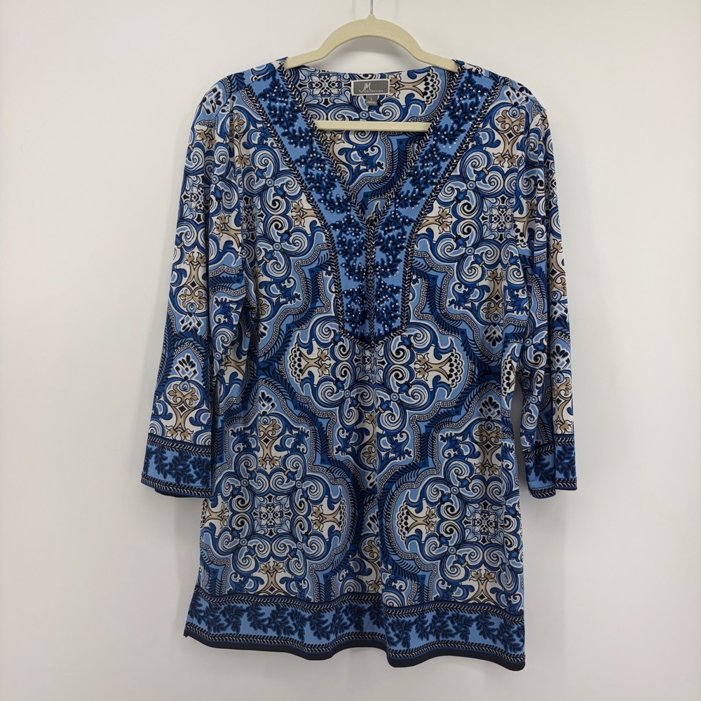 JM Collection‎ Womens Large Blue Paisley Tunic Beaded V-Neck 3/4 Sleeve Top